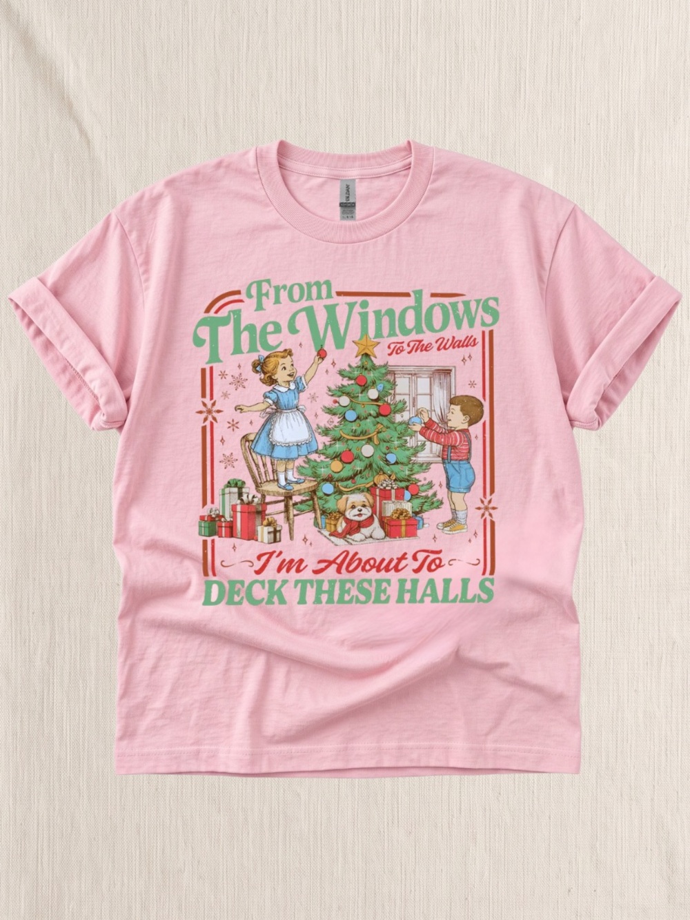 Gildan Pink Tee with Green & Red Holiday Tree Graphic